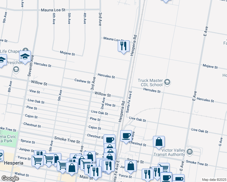 map of restaurants, bars, coffee shops, grocery stores, and more near 16562 Willow Street in Hesperia