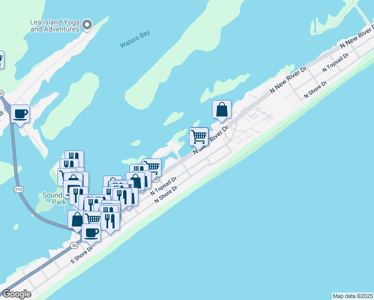 map of restaurants, bars, coffee shops, grocery stores, and more near 509 North New River Drive in Surf City
