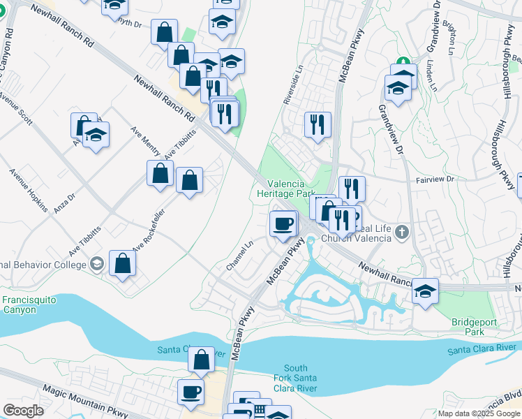 map of restaurants, bars, coffee shops, grocery stores, and more near 24141 Brookings Court in Santa Clarita