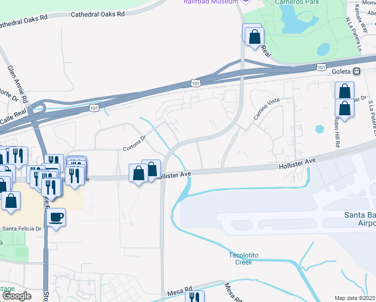 map of restaurants, bars, coffee shops, grocery stores, and more near 108-134 S Los Carneros Rd in Goleta