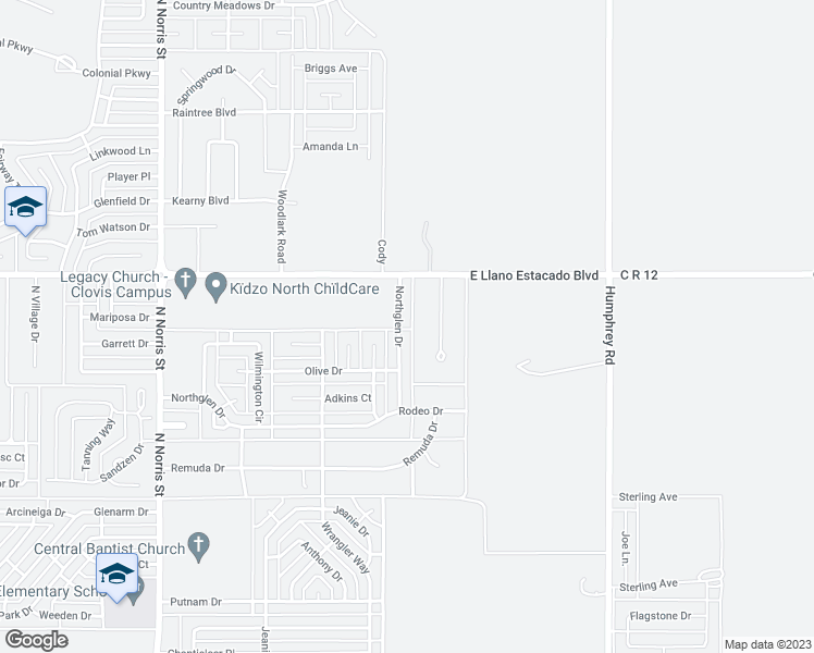 map of restaurants, bars, coffee shops, grocery stores, and more near 3301 Northglen Drive in Clovis