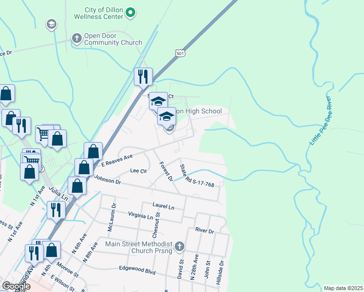 map of restaurants, bars, coffee shops, grocery stores, and more near 390-476 East Reaves Avenue in Dillon