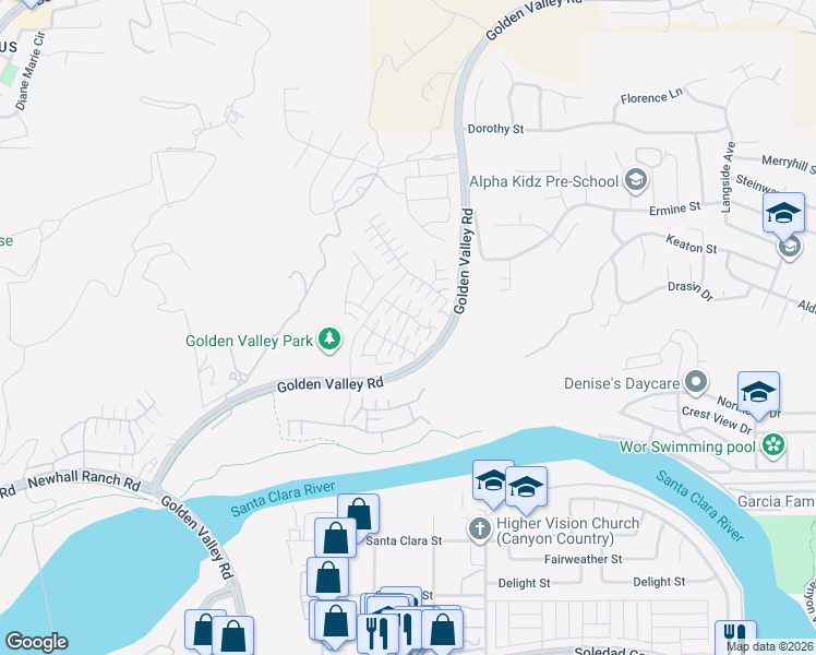map of restaurants, bars, coffee shops, grocery stores, and more near 27314 Attwell Lane in Santa Clarita