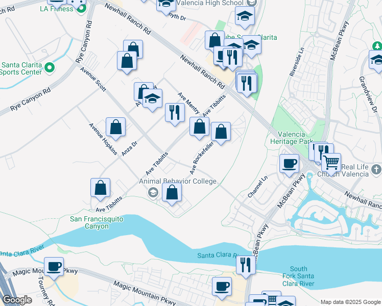 map of restaurants, bars, coffee shops, grocery stores, and more near 24749 Ave Rockefeller in Santa Clarita