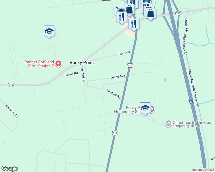 map of restaurants, bars, coffee shops, grocery stores, and more near 165 Raymond Williams Road in Rocky Point