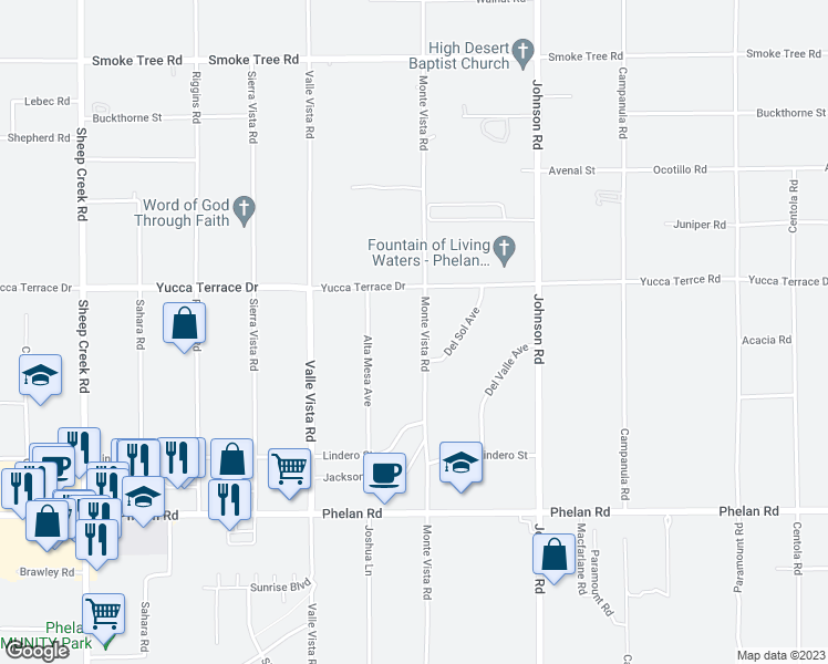 map of restaurants, bars, coffee shops, grocery stores, and more near 10030 Monte Vista Road in Phelan