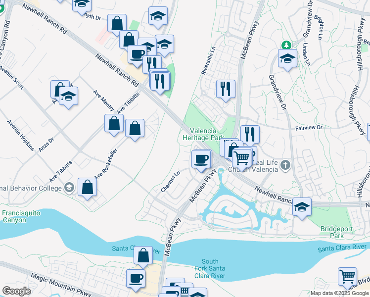 map of restaurants, bars, coffee shops, grocery stores, and more near 24141 Brookings Court in Santa Clarita