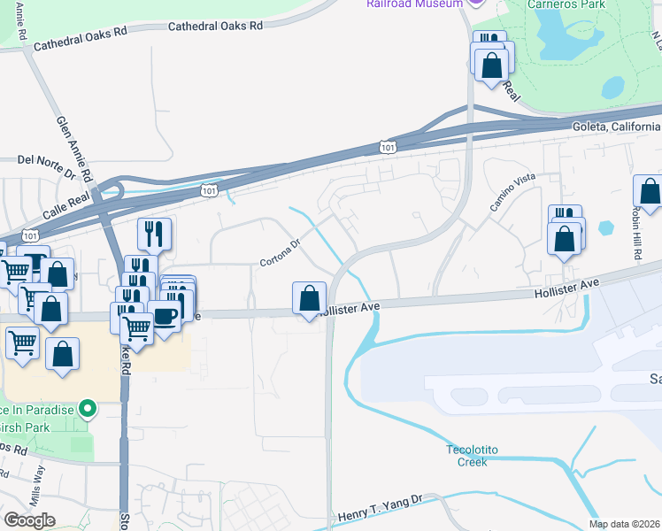 map of restaurants, bars, coffee shops, grocery stores, and more near 135 South Los Carneros Road in Goleta