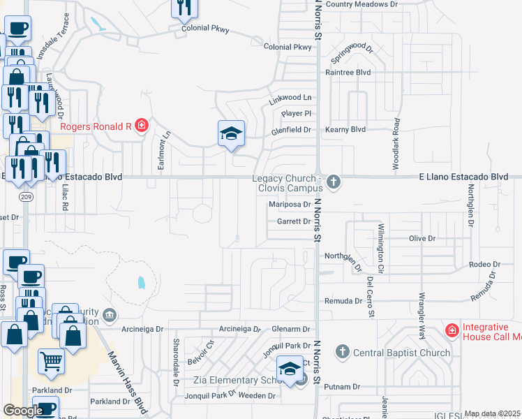 map of restaurants, bars, coffee shops, grocery stores, and more near 176 Mariposa Drive in Clovis