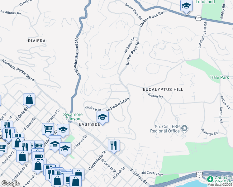 map of restaurants, bars, coffee shops, grocery stores, and more near 113 Cedar Lane in Santa Barbara