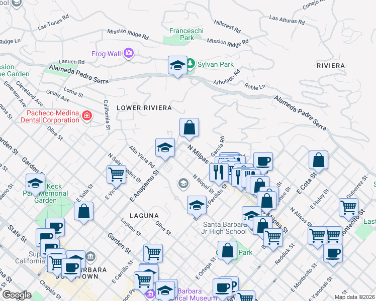 map of restaurants, bars, coffee shops, grocery stores, and more near 1122 North Milpas Street in Santa Barbara