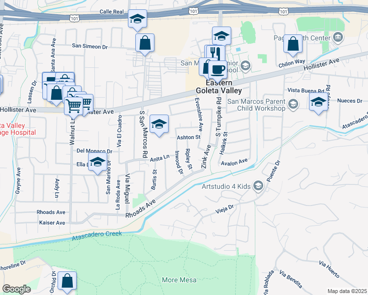 map of restaurants, bars, coffee shops, grocery stores, and more near 524 Inwood Drive in Santa Barbara