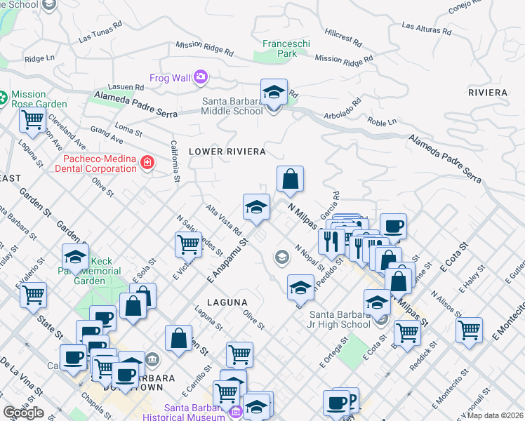 map of restaurants, bars, coffee shops, grocery stores, and more near 801 East Anapamu Street in Santa Barbara