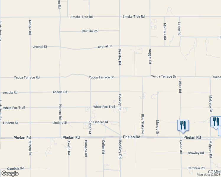 map of restaurants, bars, coffee shops, grocery stores, and more near 3234 Acacia Road in Phelan