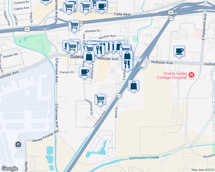 map of restaurants, bars, coffee shops, grocery stores, and more near 5671 Ekwill Street in Goleta