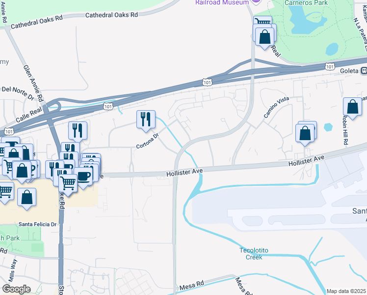 map of restaurants, bars, coffee shops, grocery stores, and more near 135 South Los Carneros Road in Goleta