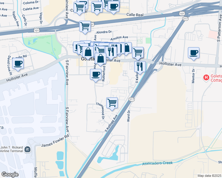 map of restaurants, bars, coffee shops, grocery stores, and more near 5705 Ekwill Street in Goleta