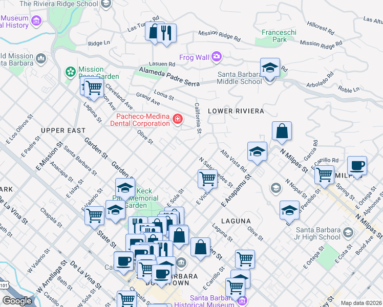 map of restaurants, bars, coffee shops, grocery stores, and more near 536 East Micheltorena Street in Santa Barbara