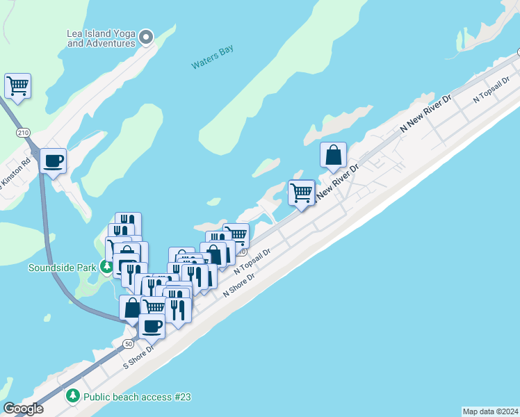 map of restaurants, bars, coffee shops, grocery stores, and more near 101 Anchor Drive in Surf City