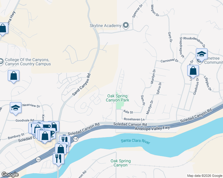 map of restaurants, bars, coffee shops, grocery stores, and more near 28985 Oak Springs Canyon Road in Santa Clarita