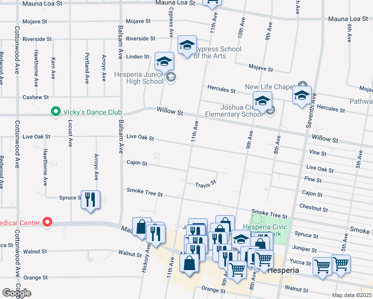map of restaurants, bars, coffee shops, grocery stores, and more near 15549 Live Oak Street in Hesperia