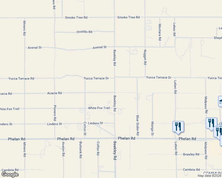 map of restaurants, bars, coffee shops, grocery stores, and more near 3234 Acacia Road in Phelan