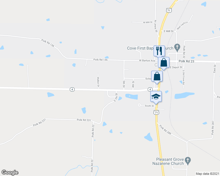 map of restaurants, bars, coffee shops, grocery stores, and more near 180 Arkansas 4 in Cove