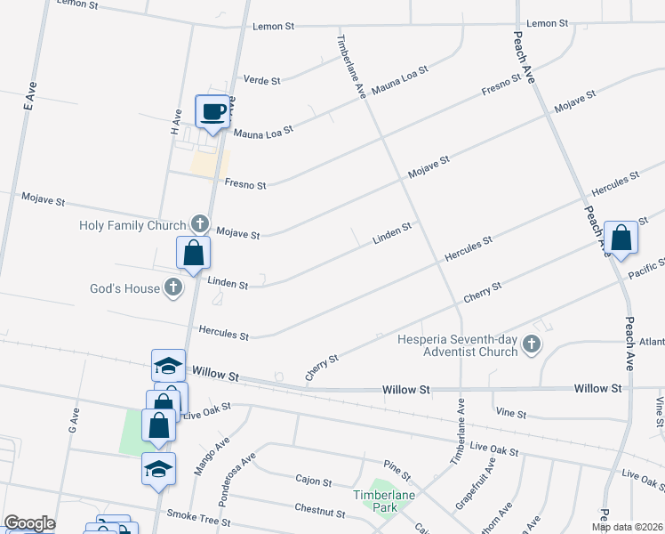 map of restaurants, bars, coffee shops, grocery stores, and more near 17843 Linden Street in Hesperia