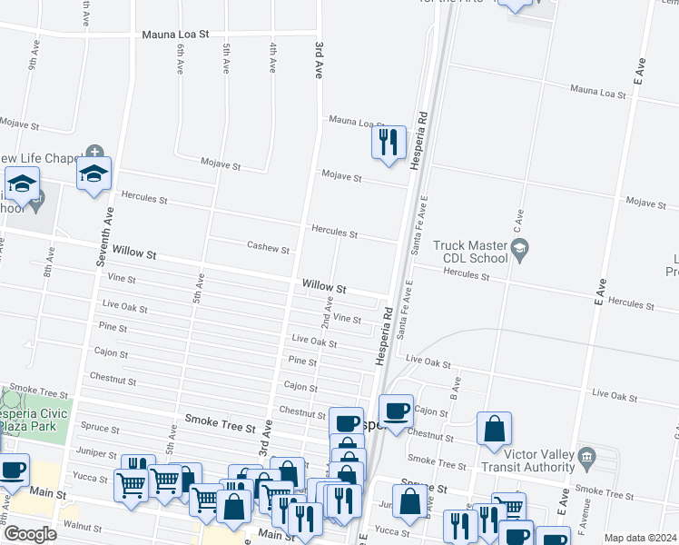 map of restaurants, bars, coffee shops, grocery stores, and more near 16542 Willow Street in Hesperia