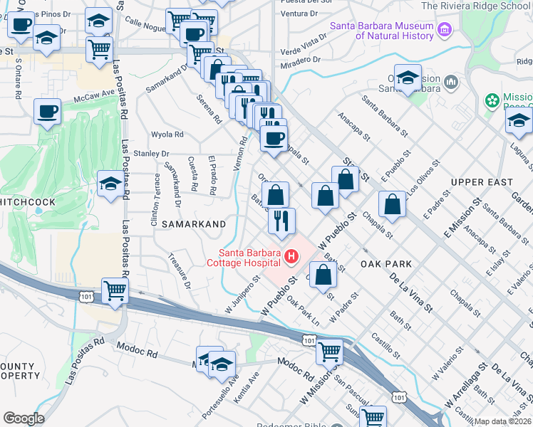 map of restaurants, bars, coffee shops, grocery stores, and more near 2519 Bath Street in Santa Barbara