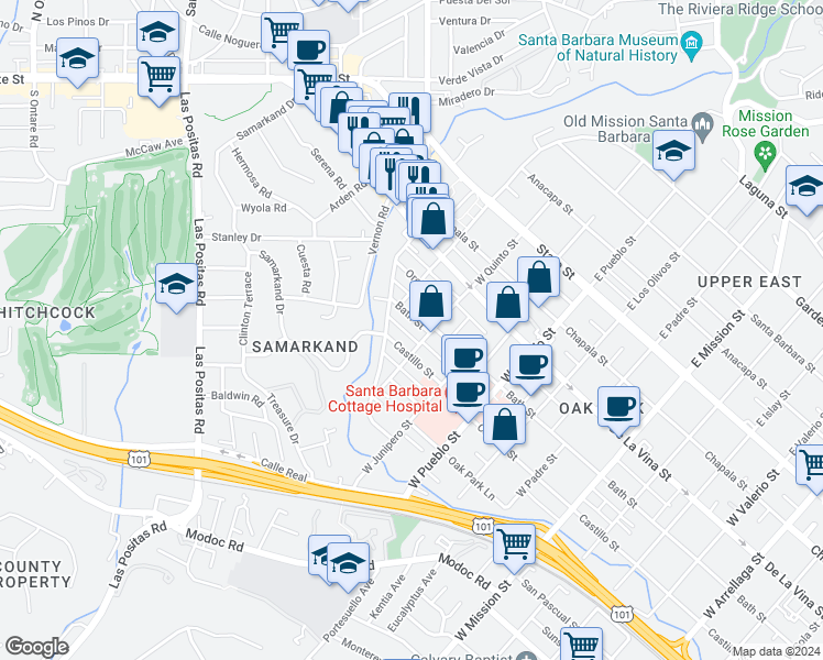 map of restaurants, bars, coffee shops, grocery stores, and more near 2519 Bath Street in Santa Barbara