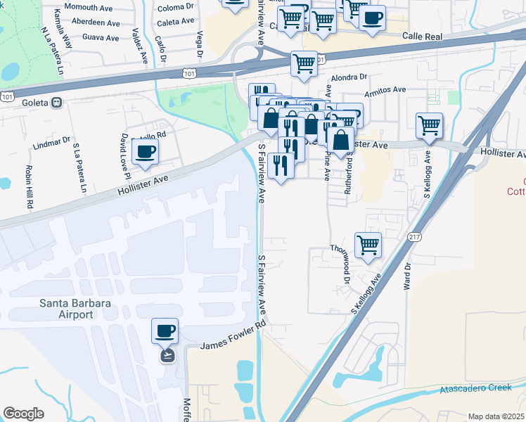 map of restaurants, bars, coffee shops, grocery stores, and more near South Fairview Avenue in Goleta
