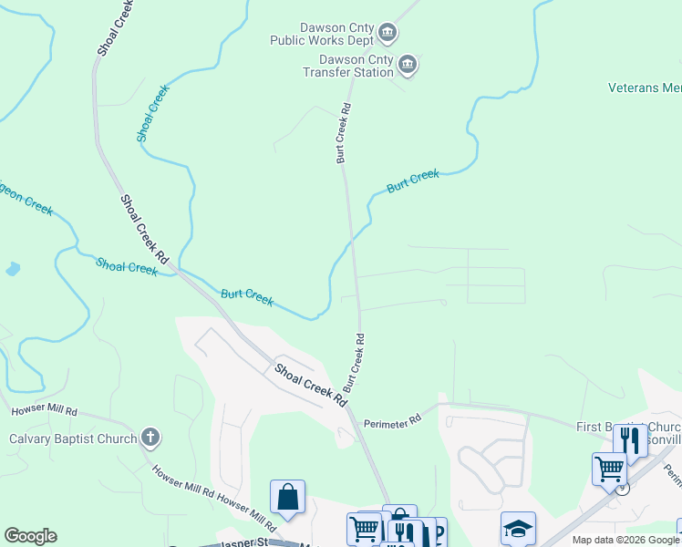 map of restaurants, bars, coffee shops, grocery stores, and more near 359 Burt Creek Road in Dawsonville