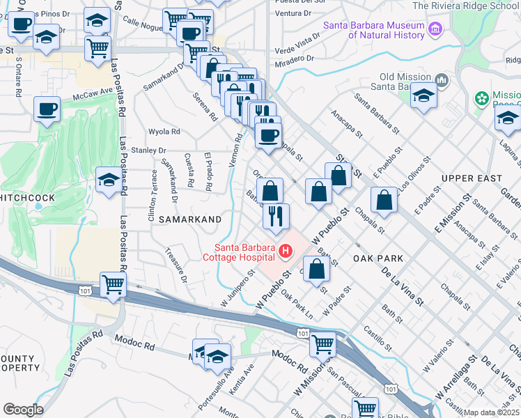 map of restaurants, bars, coffee shops, grocery stores, and more near 2519 Bath Street in Santa Barbara