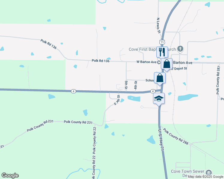 map of restaurants, bars, coffee shops, grocery stores, and more near 180 Arkansas 4 in Cove