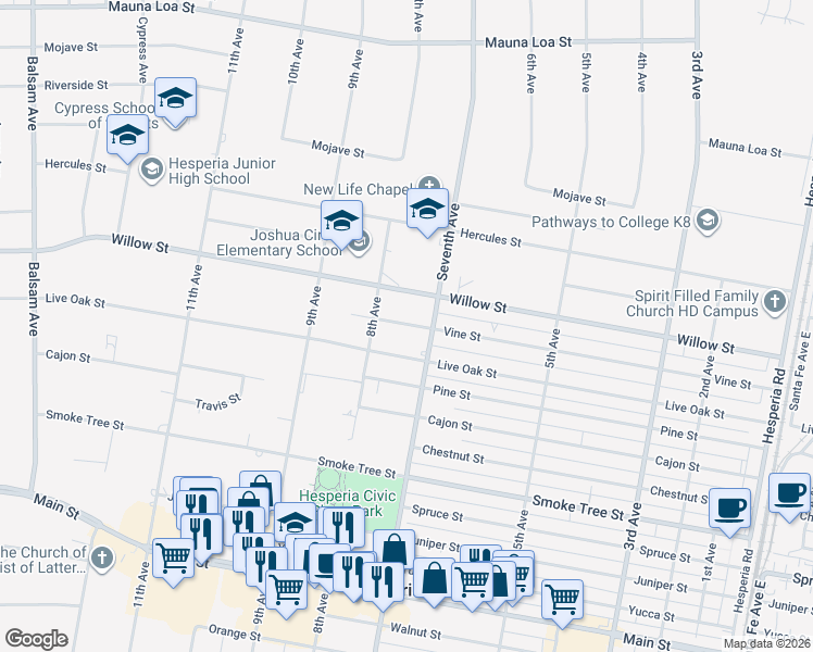 map of restaurants, bars, coffee shops, grocery stores, and more near 15965 Vine Street in Hesperia