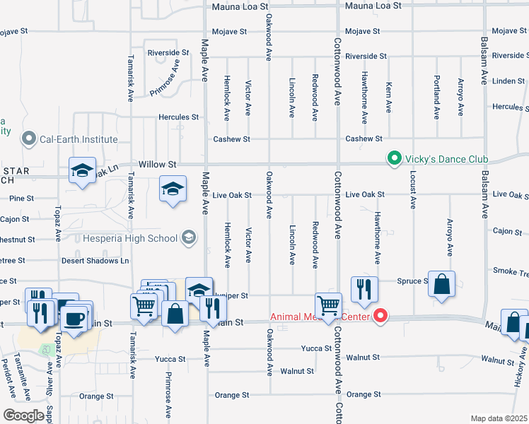 map of restaurants, bars, coffee shops, grocery stores, and more near 10004 Oakwood Avenue in Hesperia