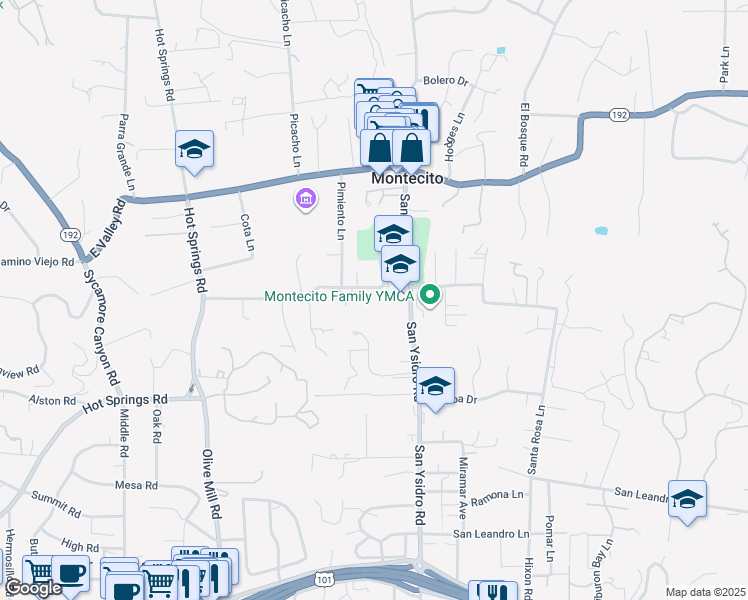 map of restaurants, bars, coffee shops, grocery stores, and more near 1455 School House Road in Montecito
