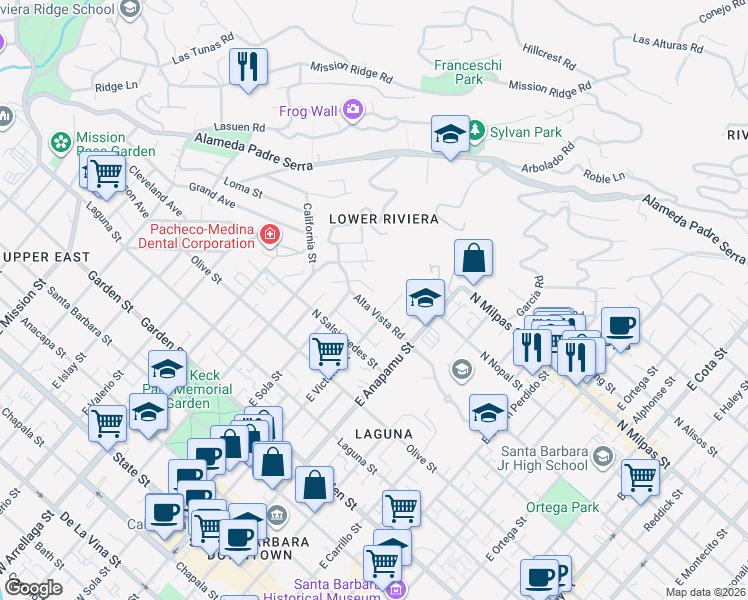 map of restaurants, bars, coffee shops, grocery stores, and more near 1326 Alta Vista Road in Santa Barbara