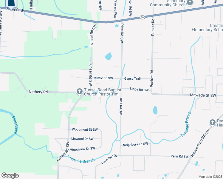 map of restaurants, bars, coffee shops, grocery stores, and more near 1295 Rice Road Southwest in Hartselle