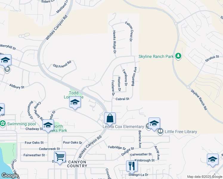 map of restaurants, bars, coffee shops, grocery stores, and more near 28135 Foxlane Drive in Santa Clarita