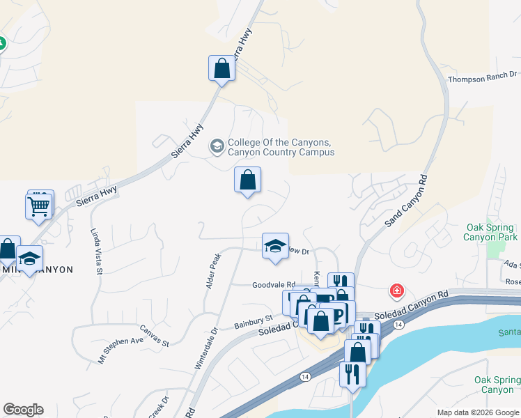 map of restaurants, bars, coffee shops, grocery stores, and more near 28750 Winterdale Drive in Santa Clarita
