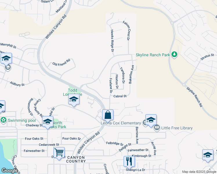 map of restaurants, bars, coffee shops, grocery stores, and more near 28135 Foxlane Drive in Santa Clarita