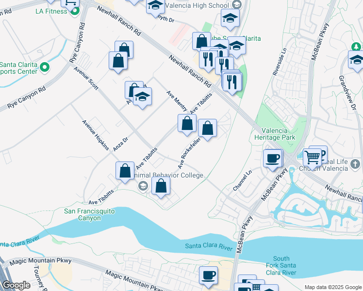 map of restaurants, bars, coffee shops, grocery stores, and more near 24749 Avenue Rockefeller in Santa Clarita