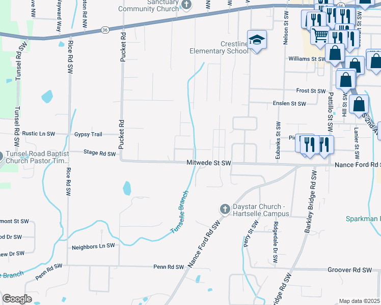 map of restaurants, bars, coffee shops, grocery stores, and more near 1106 Maplewood Drive Southwest in Hartselle