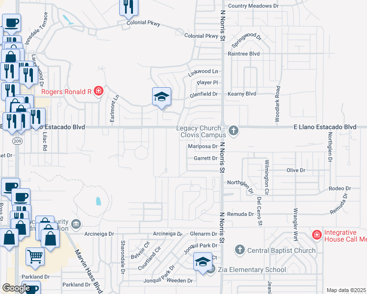 map of restaurants, bars, coffee shops, grocery stores, and more near 180 Mariposa Drive in Clovis