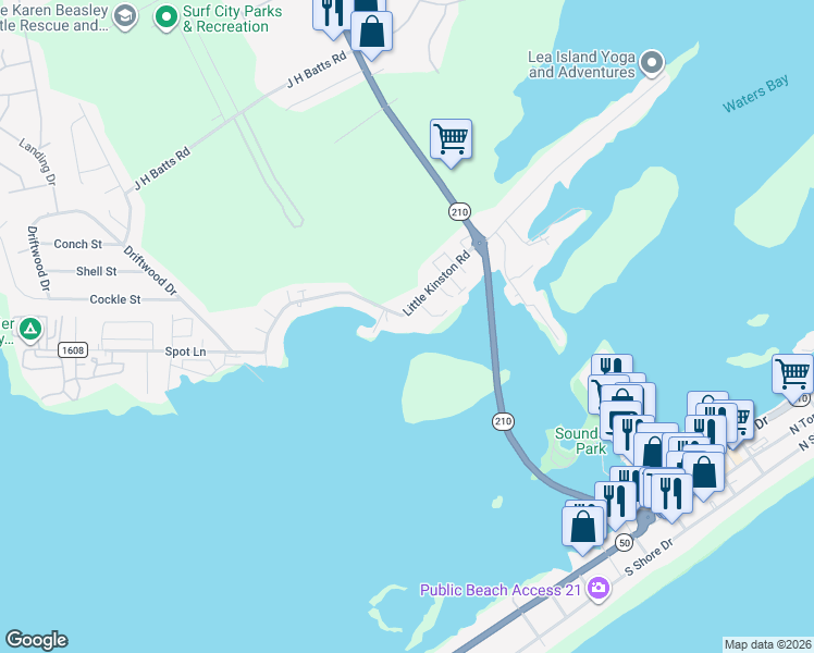 map of restaurants, bars, coffee shops, grocery stores, and more near 232 Little Kinston Road in Surf City