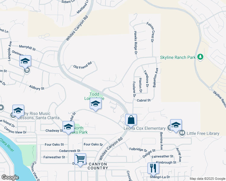 map of restaurants, bars, coffee shops, grocery stores, and more near 19023 Saddleback Ridge Road in Santa Clarita