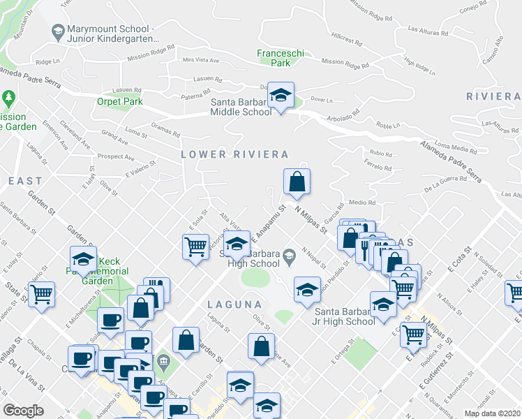 map of restaurants, bars, coffee shops, grocery stores, and more near in Santa Barbara
