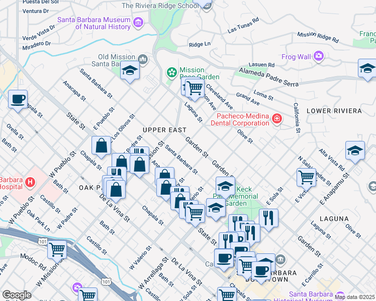 map of restaurants, bars, coffee shops, grocery stores, and more near 218 East Pedregosa Street in Santa Barbara
